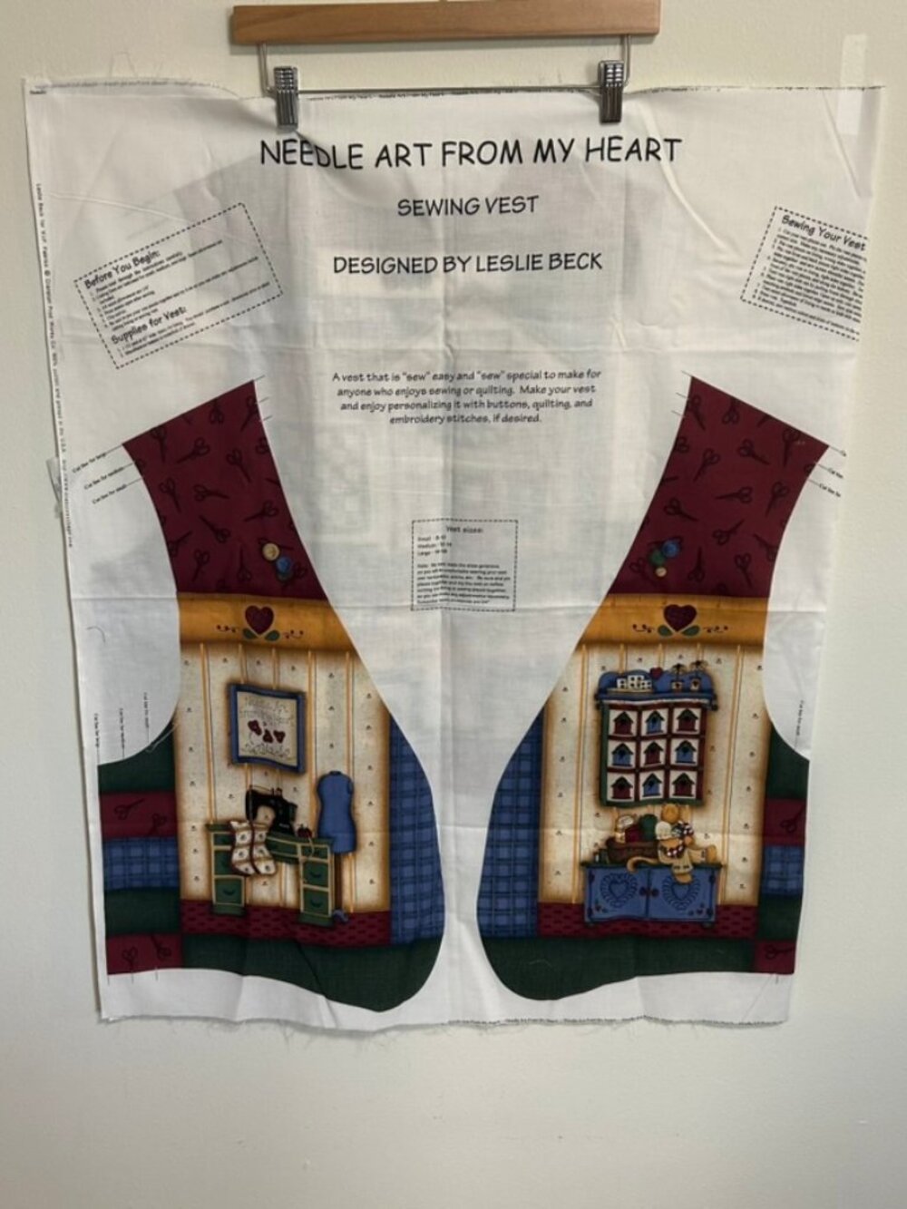 Needle Art From My Heart Sewing Vest Fabric Panel + Lining Leslie Beck Adult 90s